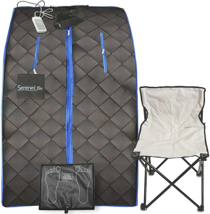 SereneLife Portable Sauna Box for Home, Infrared Sauna Tent with Heated Foot Pad and Folding Chair, Remote Control In-Home Spa, 38" x 32”