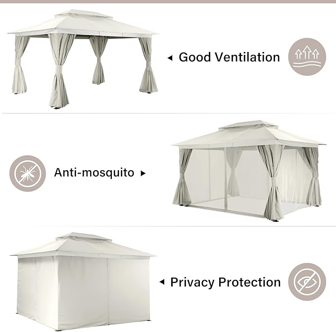 LAUSAINT HOME Outdoor Patio Gazebo 10'x13' with Expansion Bolts, Heavy Duty Party Tent & Shelter with Double Roofs, Mosquito Nettings and Privacy Screens for Backyard (Cream White)