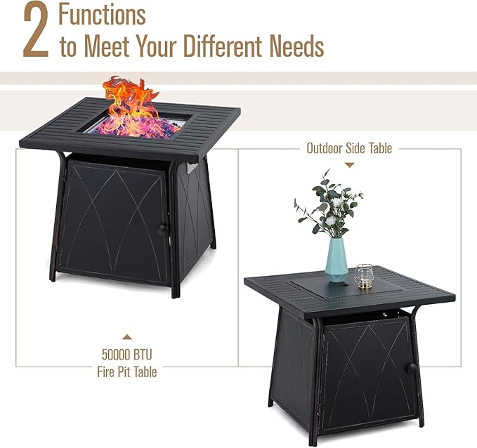 MFSTUDIO 5 Pieces Patio Conversation Sets, Outdoor Metal Furniture Sofas with 1 x 28 50,000 BTU Square Propane Gas Fire Pit Table and 4 x Steel Frame Patio Sofa Swivel Chairs with Navy Cushion