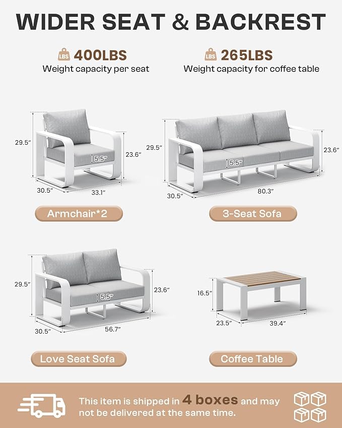 Oasbira Aluminum Outdoor Sofa Bistro Set, Oversized Patio Conversation Sets Widened Armrest & Ultra-Thick Cushions, Deep Seating Patio Furniture Set for Backyard, Porch, White