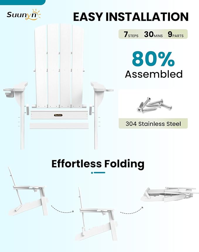 Folding Adirondack Chair 4 Pack, HDPE All-Weather Fire Pit Chairs, Plastic Adirondack Chairs with 2 Cup Holder, Outdoor Lawn Chair for Patio Garden (White)
