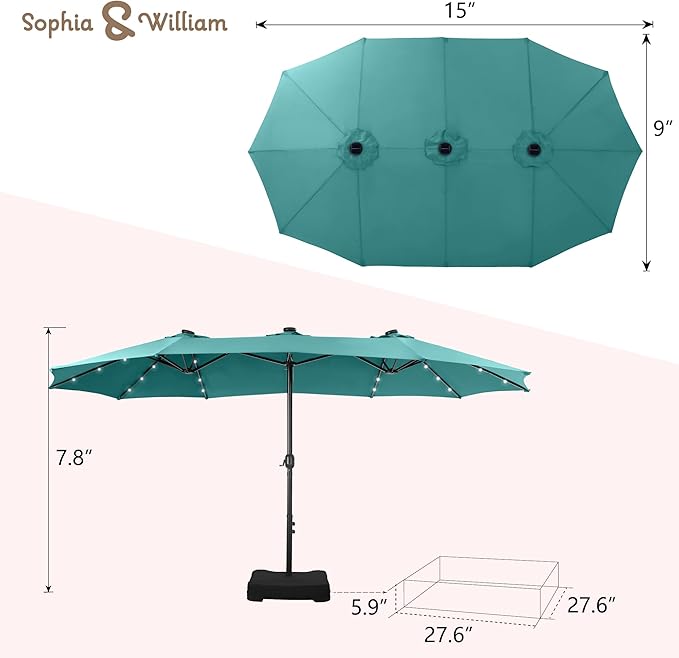 Sophia & William 15 ft Extra Large Patio Umbrella with Solar Lights, Rectangular Outdoor Umbrella with Base Included, Market Umbrella Double-sided Heavy Duty for Pool Garden Backyard, Turquoise