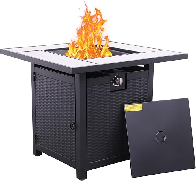 WAROOM Outdoor Propane Fire Pit for Outside, 30 Inch 50,000 BTU Steel Square Gas Firepit Table with Fire Glass and Furniture Cover, for Parties and Gatherings on Patio Garden Backyard Porch