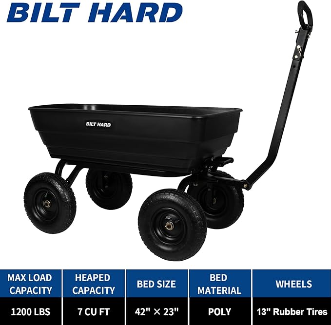 BILT HARD 1200 lbs 7 Cu Ft Poly Garden Dump Cart with 2-in-1 Convertible Handle, Quick Release, Dump Wagon Heavy Duty for Yard, Outdoor