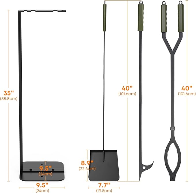 Stanbroil 3Pcs Fire Pit Tools Set, 40" Fire Poker and Fire Log Tongs Shovel, Wrought Iron Large Fireplace Tools Set with Metal Base and Rubber Handle for Campfire Bonfire