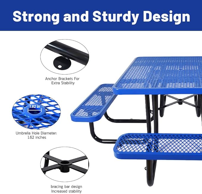 Rueekfil 46" Thermoplastic Picnic Table with Umbrella Hole up to 1.5", Heavy Duty Commercial Picnic Table for Outdoor, Family & Party Ready for School Camping, Square, Blue