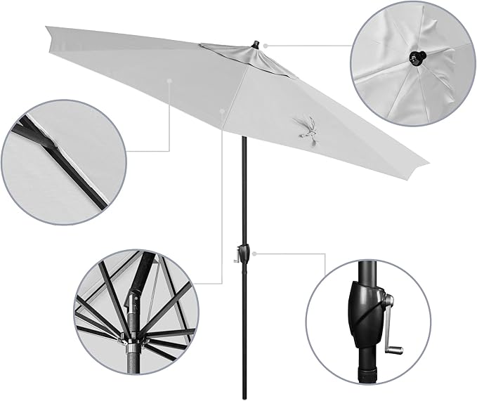 California Umbrella 9' Rd Aluminum Patio Umbrella, Crank Lift, Auto Tilt, Black Finish, Sunbrella Natural