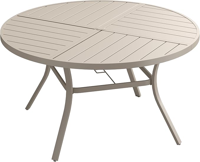 VICLLAX Round Patio Dining Table, 6-8 Person Metal Outdoor Dining Table with Umbrella Hole and Storage Shelf for Garden Lawn Deck, 53" Sandshell