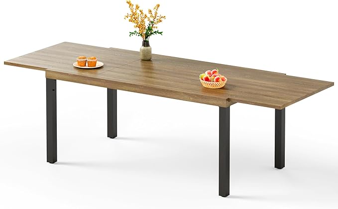 PHI VILLA Outdoor Metal Expandable Dining Table, Wood-Like Wrought Iron Extendable Table for 6-8 Person, Heavy-Duty Large Rectangular Table Furniture for Patio, Deck, Backyard, Porch