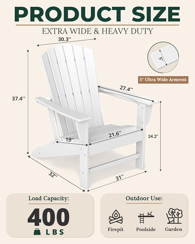 BRIOPAWS Adirondack-Chairs-Set of 2 | Fire Pit Chair | Oversized | HDPE Plastic | Weather Resistant | for Deck Outdoor Poolside Campfire | White