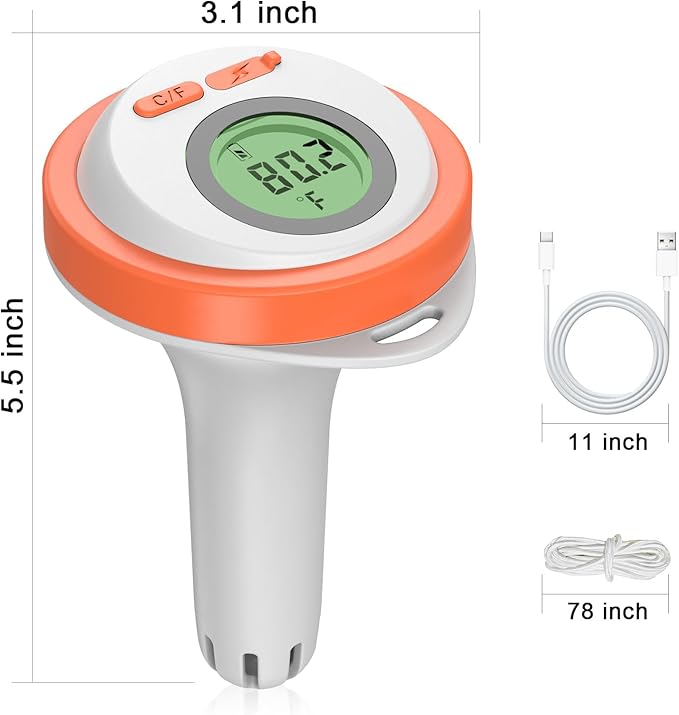 Waterproof Rechargeable Digital Floating Pool Thermometer for Swimming Pool/Fish Tank/Bathtub/Hot Tub/Jacuzzi/Aquarium, LCD Screen Easy to Reading
