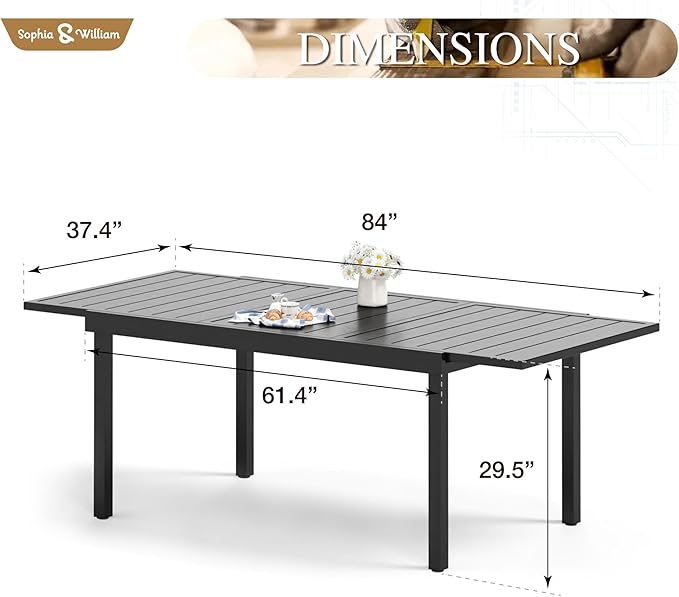 Sophia & William Black Expandable Patio Dining Tables Metal Outdoor Table for 6-8 Person Lawn Garden Bistro Rectangular Table