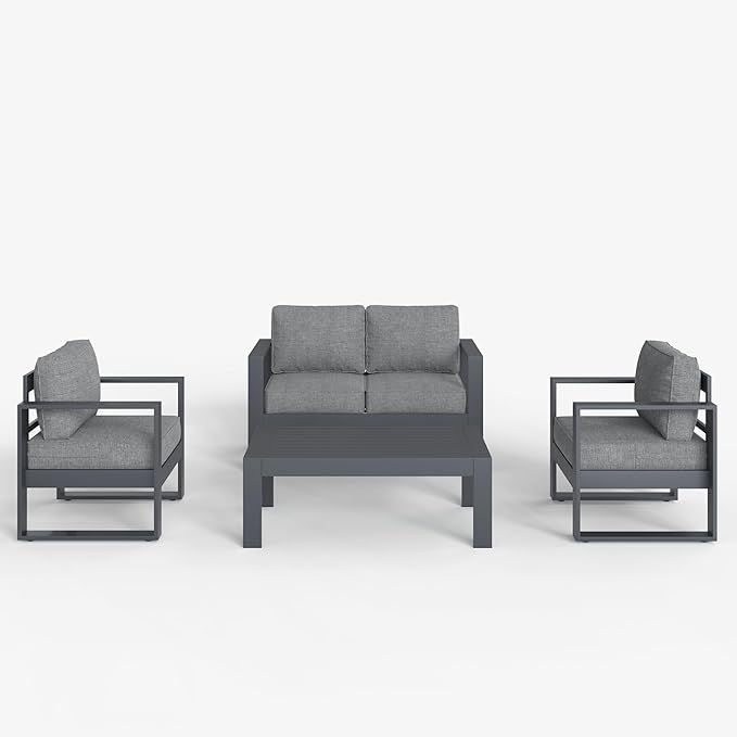 LayinSun 4 Pieces Aluminum Outdoor Patio Furniture Set, Metal Modern Conversation Sofa Set with Coffee Table and Washable Thick Cushions for Porch, Backyard, Deck