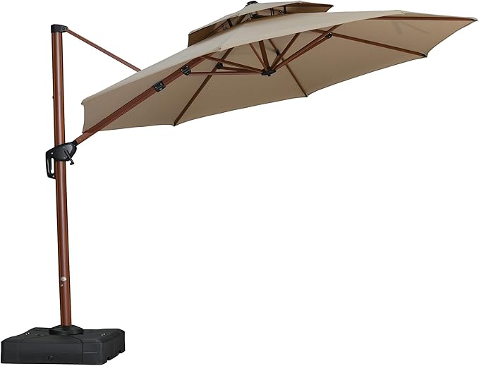 PURPLE LEAF 11ft Patio Umbrella Cantilever Umbrellas Outdoor Round Wood Umbrella Offset Umbrellas Heavy Duty Sun for Garden Deck Pool, Deep Beige