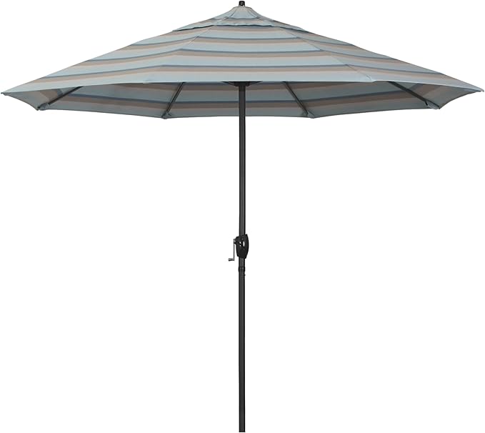 California Umbrella 9' Rd Aluminum Patio Umbrella, Crank Lift, Auto Tilt, Black Finish, Sunbrella Gateway Mist
