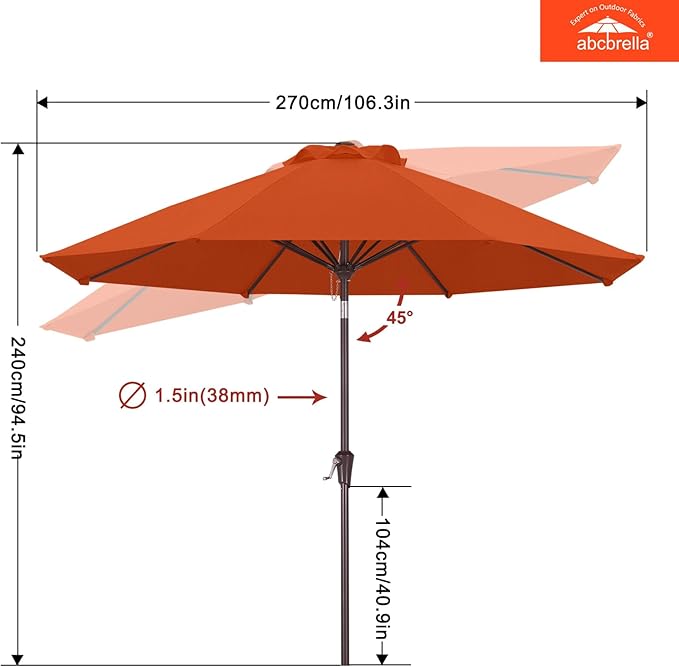 ABCCANOPY OLEFIN® 5-Year No Fading 9FT Patio Umbrella, Outdoor Table Umbrella with 8 Sturdy Ribs for Deck, Backyard, Yard (Orange)
