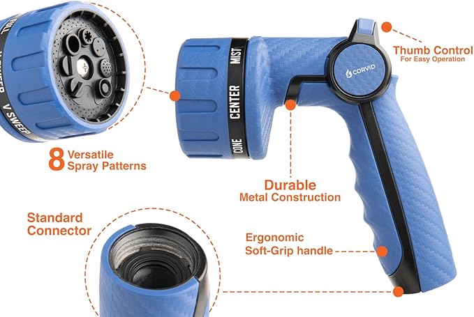 20-Pack Corvid Heavy Duty 8-Pattern Garden Hose Nozzle with Thumb Control, Adjustable High-Pressure Watering Spray Nozzle with Ergonomic Handle - Perfect for Lawn & Garden, Car Wash, Pet Cleaning