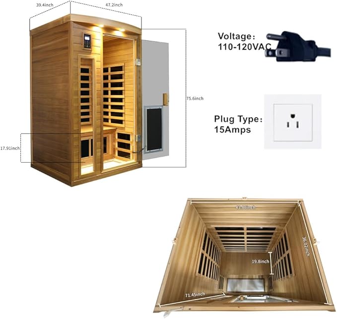 2 Person Low EMF Infrared Sauna for Home, Red Cedar Wood Far Infrared Saunas, 1750watt Indoor Personal Sauna Room with Door Heating Panels, Glass Door, Blue-tooth, Dual Control, Outdoor Lamps