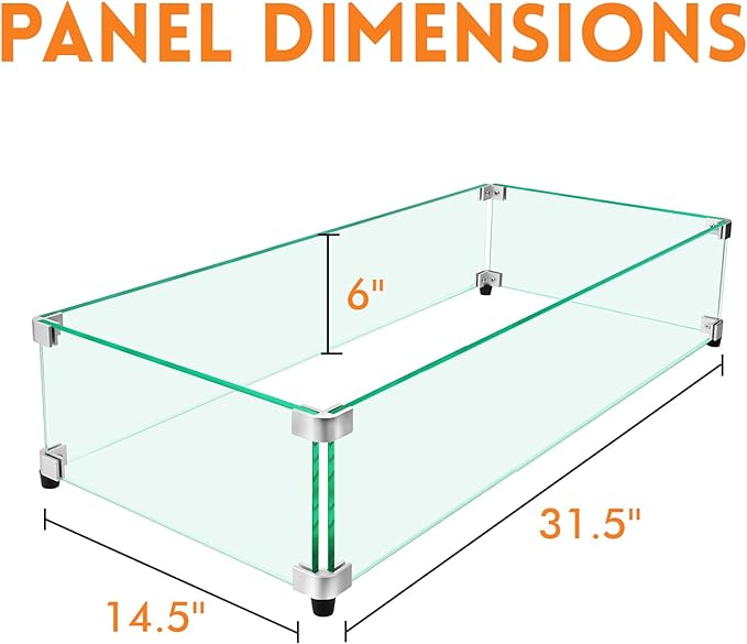 Fire Pit Wind Guard, 31.5" x 14.5" Square Tempered Glass Wind Shield for Firepit & Fire Table, Thick Glass and Easy Installation with Included Tools, Airflow Management for Stable Flame