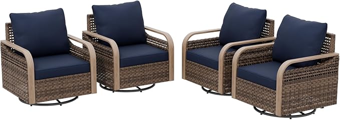 EAGLE PEAK Modern Wicker Outdoor Glider Rocking Chair, Swivel Rocker, Rattan Patio Furniture for Yard Deck Porch Garden, 4 Chairs, Brown/Blue