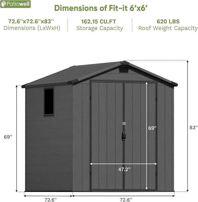 Patiowell 6X6 FT Plastic Outdoor Storage Shed with Floor, Resin Outside Tool Shed with Window and Lockable Door for Garden, Backyard, Tool Storage Usage, Easy to Install, Dark Grey
