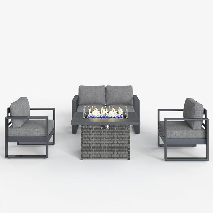 LayinSun 4 Pieces Aluminum Outdoor Patio Furniture Set, Metal Modern Conversation Sofa Set with Fire Pit Table and Washable Thick Cushions for Porch, Backyard, Deck