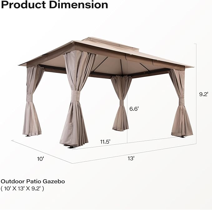 LAUSAINT HOME Gazebo 10x13ft, Heavy Duty Patio Gazebo with Expansion Bolts, Party Canopy Tent with Double Roofs, Mosquito Nettings and Privacy Screens for Backyard, Garden, Lawn, Champagne
