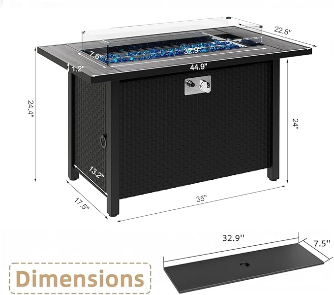 JAMFLY 45 Inch Propane Fire Pit Table, 50,000 BTU Outdoor Gas Firepit Table for Outside Patio, Glass Wind Guard, Blue Glass Rocks,Waterproof Cover, Grey