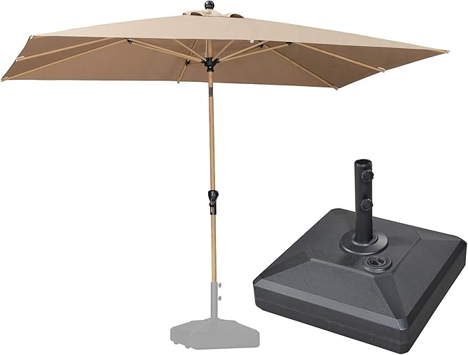 PURPLE LEAF 6.5' x 10' Outdoor Umbrella with Base Patio Umbrella Rectangular Outdoor Table Umbrella with Push Button Tilt & Crank and 8 Ribs Aluminum Market Umbrella for Backyard Deck, Taupe