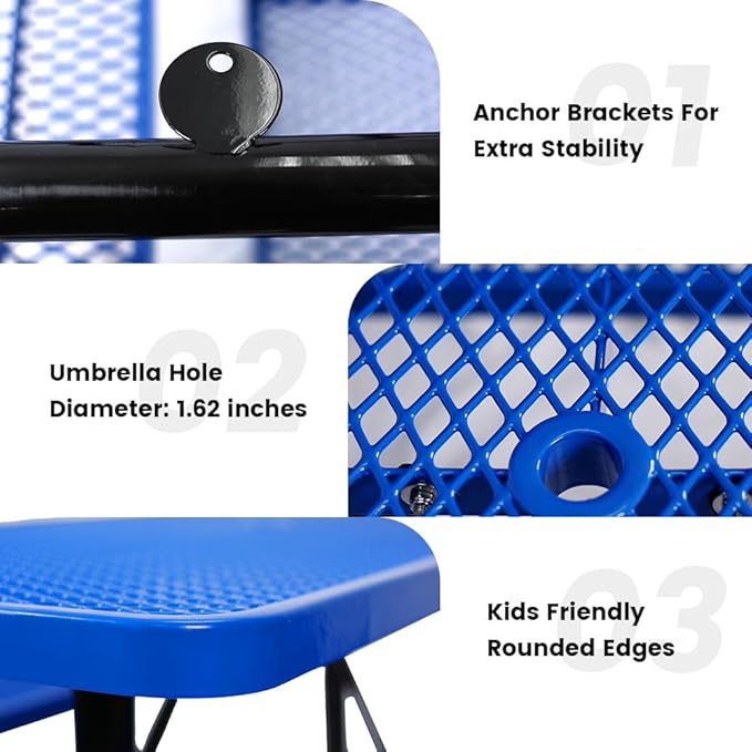 Rueekfil 72" Thermoplastic Picnic Table with Umbrella Hole up to 1.5", Heavy Duty Commercial Picnic Table for Outdoor, Family & Party Ready for School Camping, Rectangular, Blue