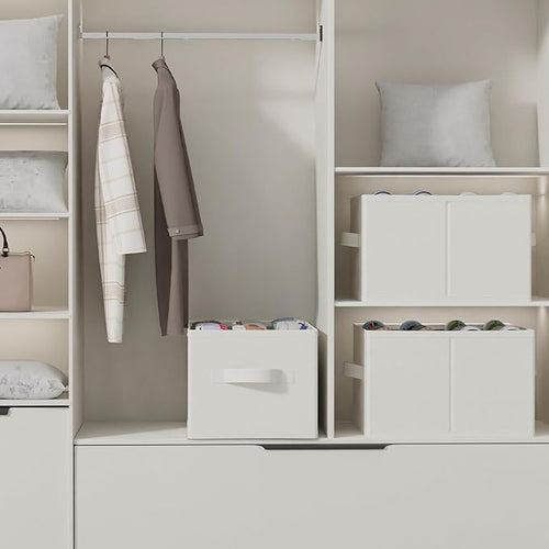2 Pack Shoe Storage Bins, Fits Up to 24 Pairs, Foldable Space-saving Closet Organizers System, Clothes Basket with Reinforced Handles, 16.5 x 12.6 x 10.2 In, White & Ivory, XSNX02W-2