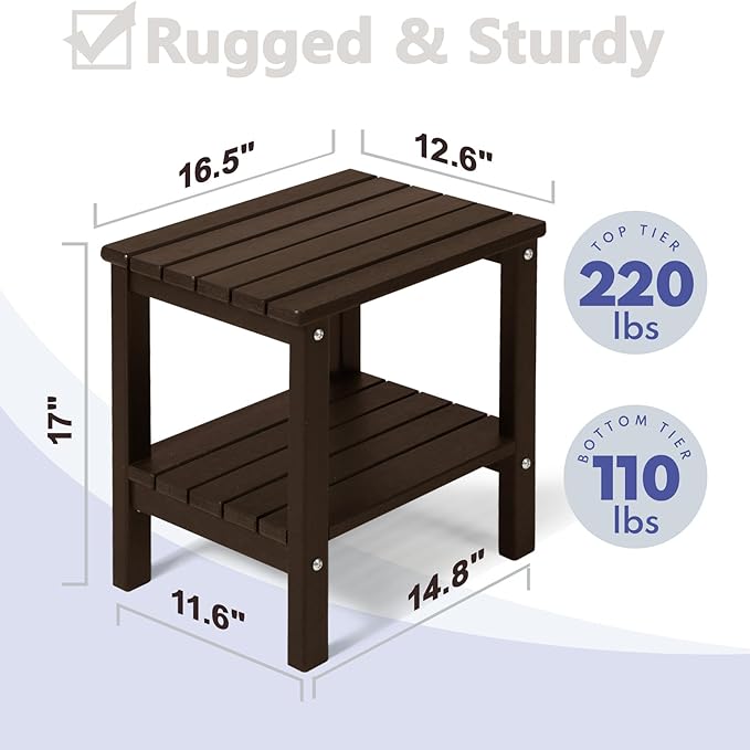 PASAMIC 2-Tier Adirondack Square Outdoor Side Table, HDPE Small Outdoor Table, Patio End Table for Patio, Pool, Backyard, Weather-Resistant (Brown)