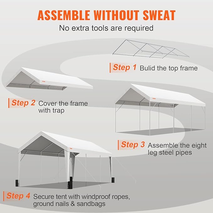 VEVOR Upgraded 10x20 ft Heavy Duty Carport Car Canopy, Car Port Garage Boat Shelter Party Tent with 8 Reinforced Poles and 4 Weight Bags, UV Resistant Waterproof Tarp for SUV, Truck, Boat