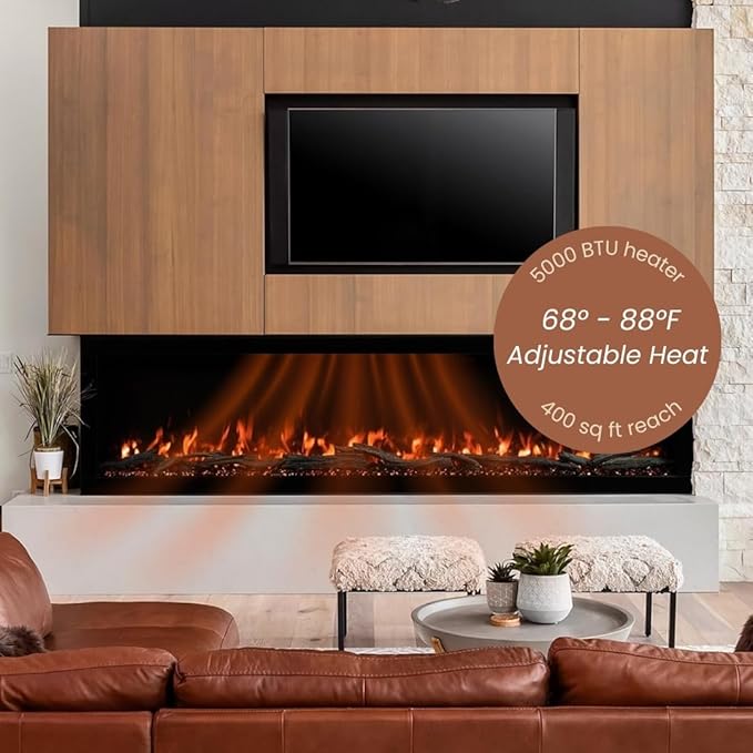 Modern Ember Highmark 100 Inch Smart Linear Electric Fireplace - Premium Flame with 10 Colors, Sleek Hidden Vent Design, Install Recessed in-Wall or Wall-Mount, WiFi Enabled