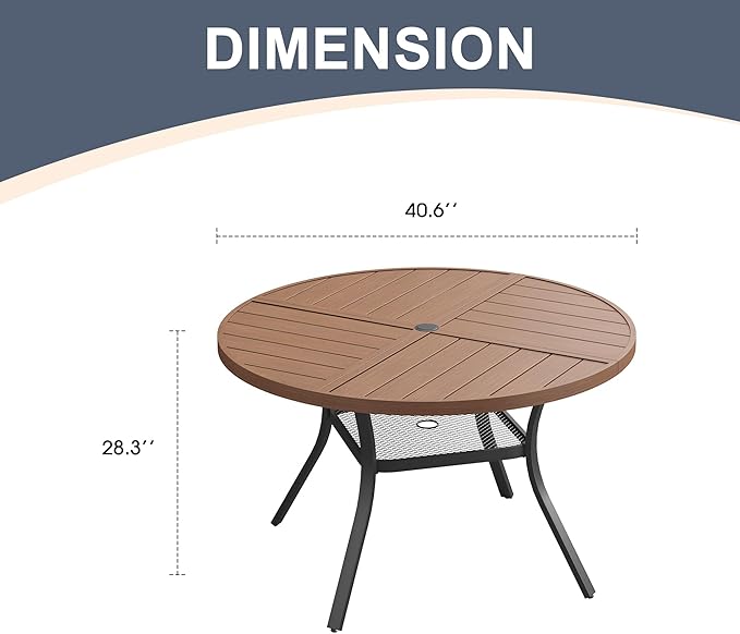 VICLLAX Round Patio Dining Table, 4 Person Metal Outdoor Dining Table with Umbrella Hole and Storage Shelf for Garden Lawn Deck, 40.6" Walnut