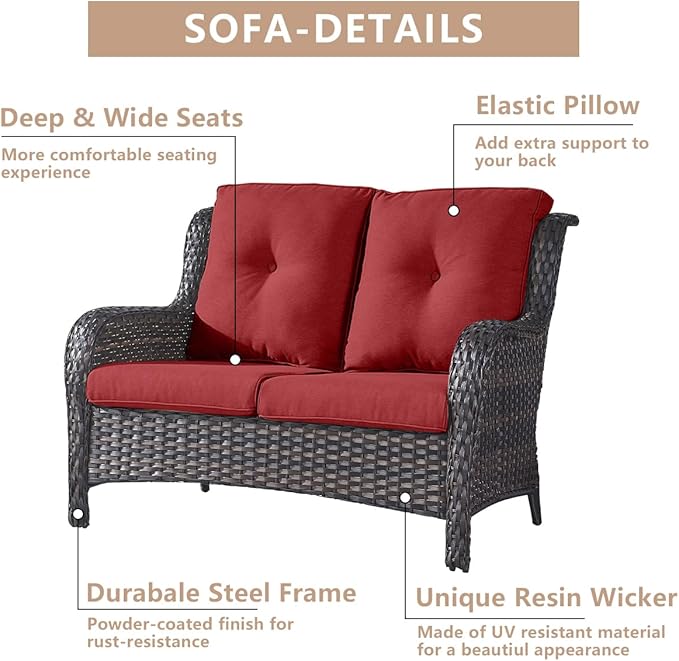 HUMMUH 4-Piece Patio Furniture Set with Fire Pit Table Wicker Outdoor Swivel Rocker Patio Chairs High Back Loveseat Conversation Set for Porch, Backyard, Deck