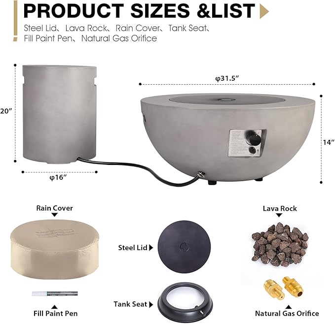 2-Piece Outdoor Propane Fire Pit Table Set w/Tank Cover Table, 31.5-inch 50,000 BTU CSA Certification Bowl Concrete Firepit SUS201 Round Burner with Steel Lid, Lava Rocks, Rain Cover…