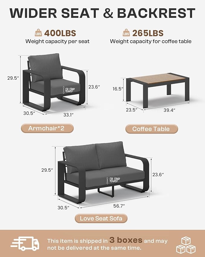 Oasbira Aluminum Outdoor Patio Furniture Set, 4 Piece Oversized Patio Conversation Sets Widened Armrest & Ultra-Thick Cushions, Heavy Duty Modern Sectional Furniture for Backyard, Deck, Graphite