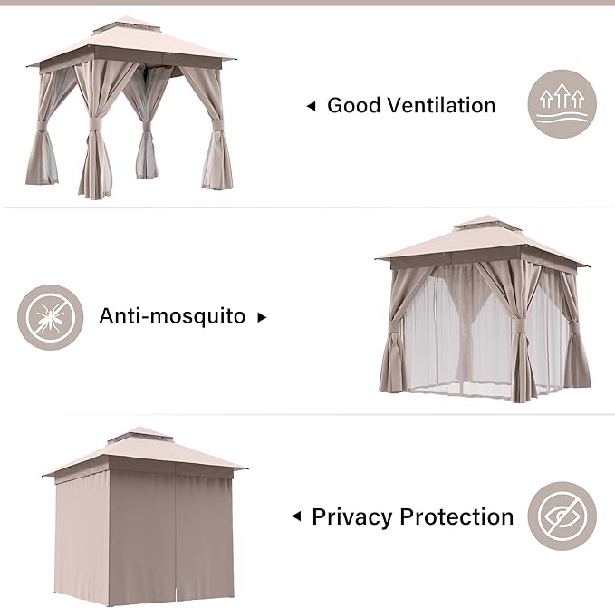 LAUSAINT HOME Gazebo 8x8ft, Heavy Duty Patio Gazebo with Expansion Bolts, Party Canopy Tent with Double Roofs, Mosquito Nettings and Privacy Screens for Backyard, Garden, Lawn, Khaki