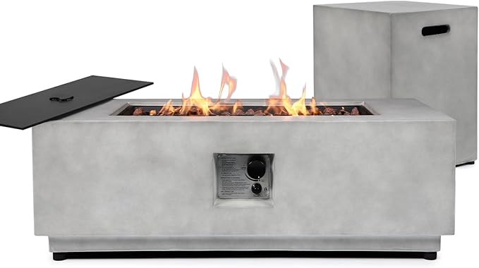 2 Pieces 42-Inch Outdoor Propane Fire Pit Table w/Tank Cover - 50,000 BTU, CSA-Certified Concrete Rectangle Firepits | Integrated Ignition, Steel Lid, Lava Rocks & Rain Cover Included