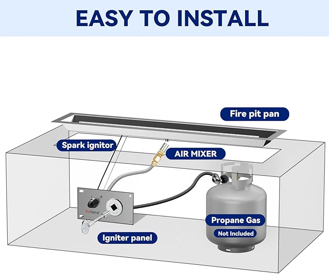 Skyflame 36 x 6 Inch Liner Fire Pit Pan Kit, Stainless Steel Drop-in Fire Pit Pan and Burner, Come with Spark Ignition and Propane Hose, Indoor/Outdoor Fire Table DIY Decorative