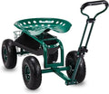 Outvita Garden Cart Rolling Workseat with Wheels, Gardening Stool with Adjustable 360 Degree Swivel Seat, Extendable Handle, Tool Tray & Storage Basket, Gardening Scooter for Yard, Planting, Green