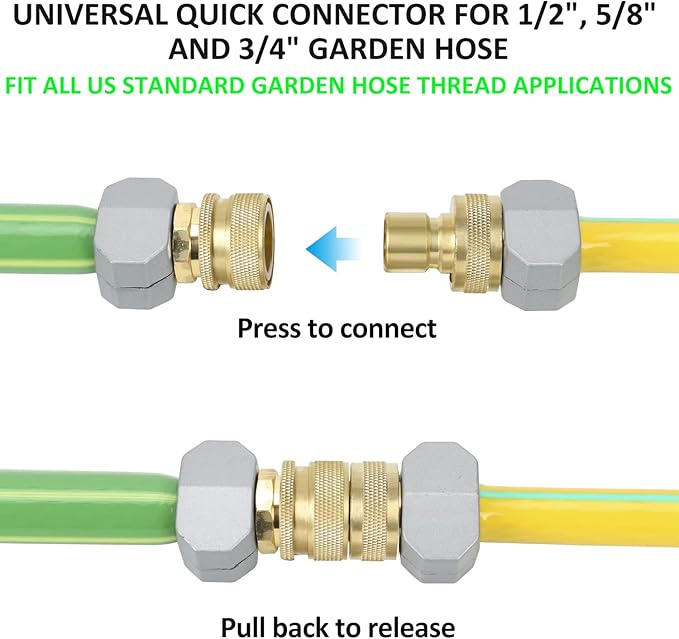 STYDDI Brass Full Flow Garden Hose Quick Connect Fittings, Solid Brass 3/4-Inch GHT Lawn Hose Quickly Disconnect Connector Coupler, Compatible with Most Hoses, Spigots, Watering Tools, 2 Sets