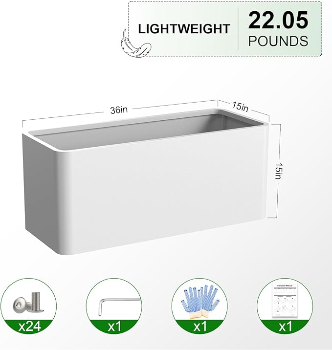 Metal Large Rectangular Planter Box White,36" L x 15" W x 15" H Long Planter Box for Outdoor Patio Porch Graden