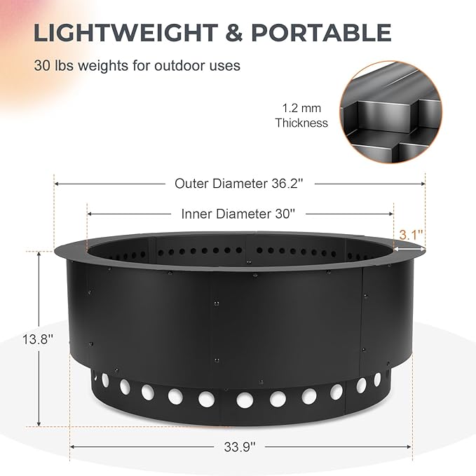 36 Inch Outer/30 Inch Inner Fire Pit Ring, Dual-Layer Design Smokeless Firepit Liner for Backyard, Beach & Camping