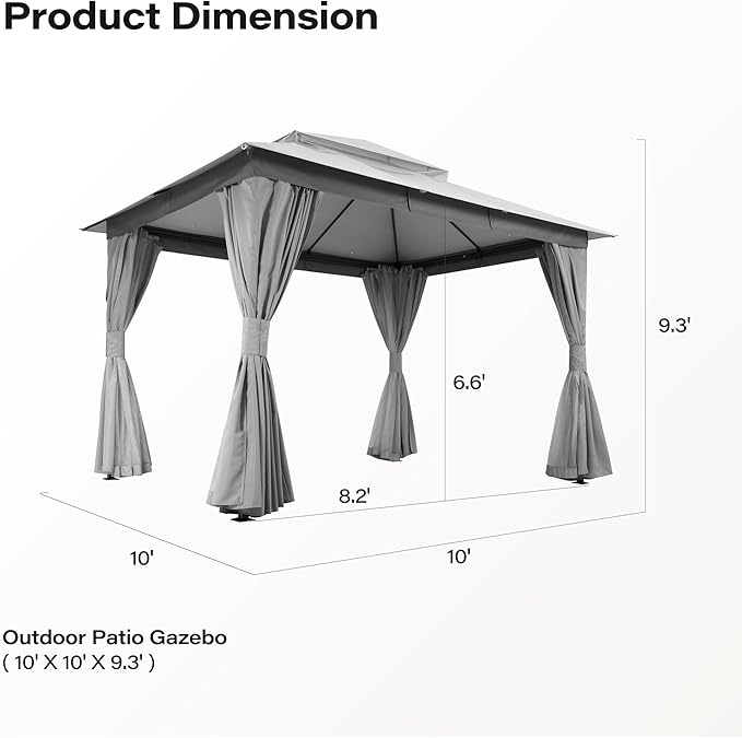 LAUSAINT HOME Gazebo 10x10ft, Heavy Duty Patio Gazebo with Expansion Bolts, Party Canopy Tent with Double Roofs, Mosquito Nettings and Privacy Screens for Backyard, Garden, Lawn, Grey
