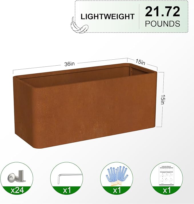 Corten Steel Planter Box 36" L x 15" W x 15" H,Large Rectangular Planter for Outdoor,Heavy Duty Modern Flower Plant Pot for Porch/Patio/Garden