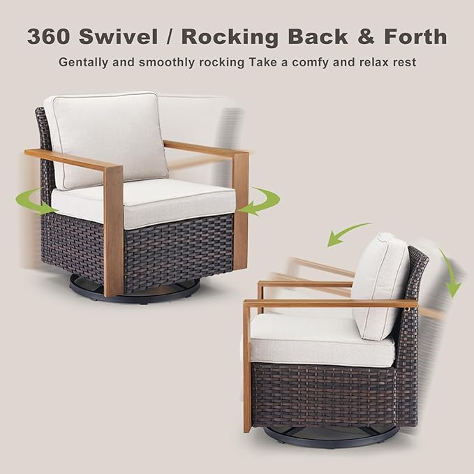 Rilyson Outdoor Wicker Patio Furniture Set - 5 Piece Patio Conversation Set with 2 Wicker Swivel Rocker Chairs,2 Rattan Ottoman and 1 Couch,Thick Cushions,Deep Seating,Wide Armrest(Brown/Beige)