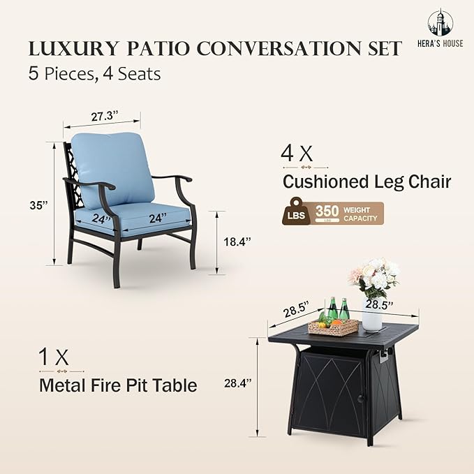 HERA'S HOUSE 5 Pieces Patio Furniture Set with Fire Pit Table, 4 x Thick Cushioned Chairs, 1 x Fire Pit Table (50,000 BTU), All Weather Outdoor Conversation Set for Garden, Backyard, Lawn, Blue