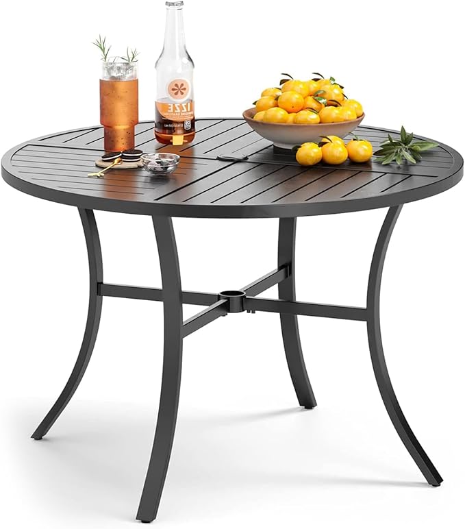 PHI VILLA Outdoor Round Dining Table for 4, 42" Large Metal Wrought Iron Table with Umbrella Hole, All Weather Dining Furniture for Patio, Deck, Yard, Porch - Black
